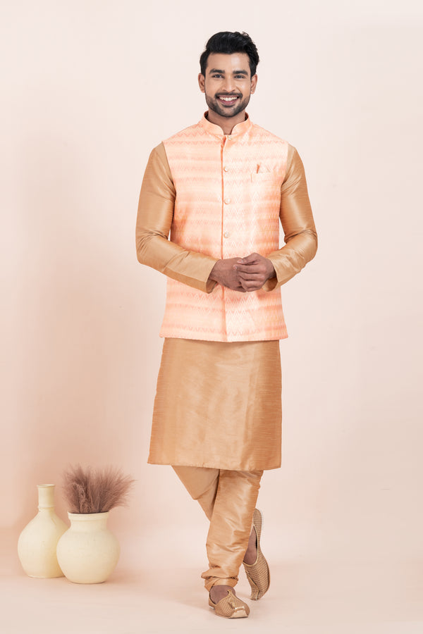 Angasudha Men’s Golden Kurta Pyjama with Peach Ikat Silk Nehru Jacket