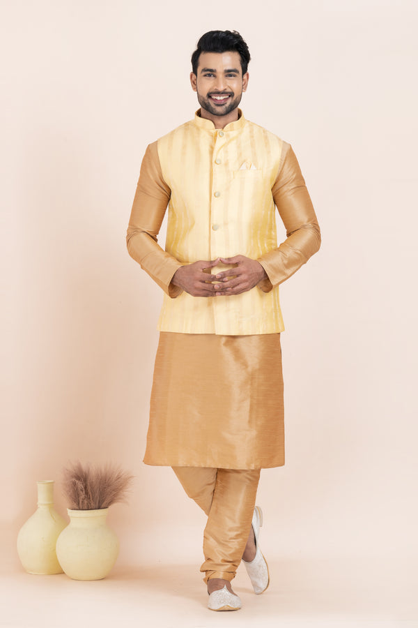 Angasudha Men’s Golden Kurta Pyjama with Subtle Yellow Silk Nehru Jacket