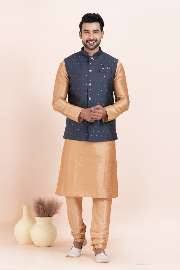Angasudha Men’s Golden Kurta Pyjama with Charcoal Blue Embroidered Nehru Jacket