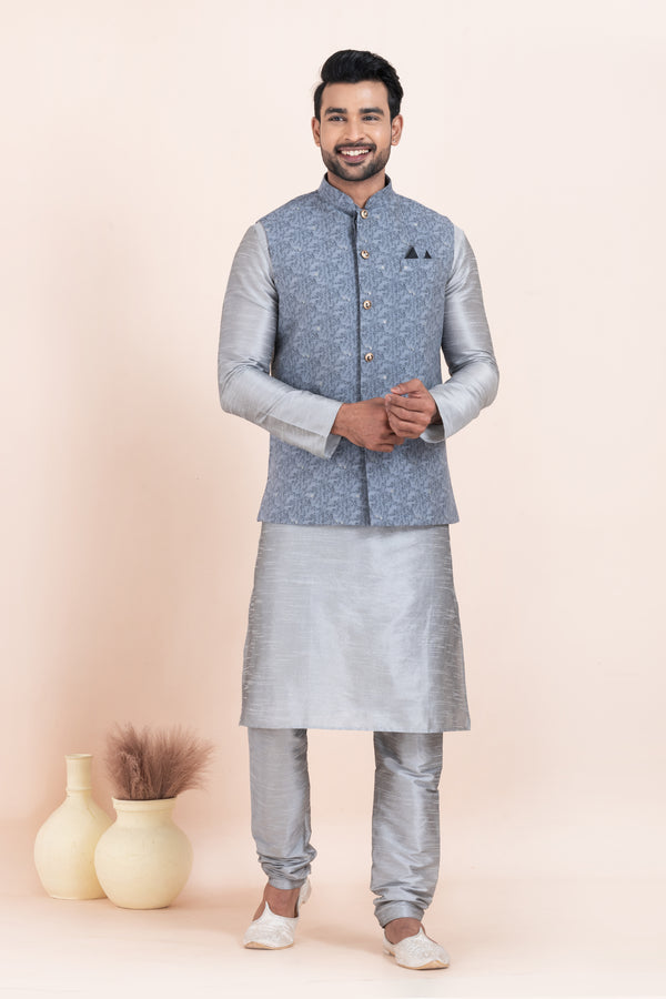 Angasudha Men’s Silver Kurta Pyjama with Sky Blue Textured Nehru Jacket