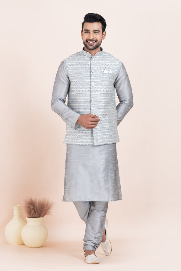 Angasudha Men’s Silver Kurta Pyjama with Light Grey Geometric Embroidered Nehru Jacket