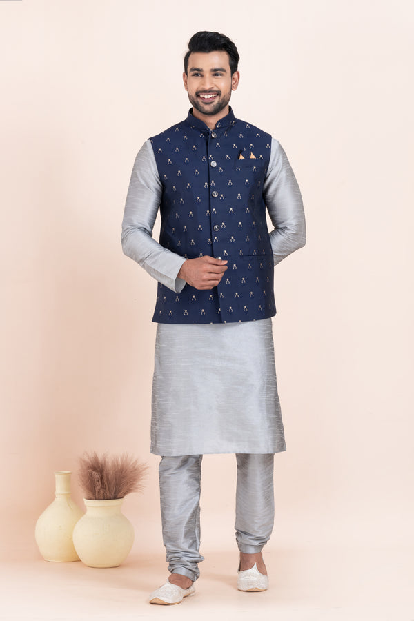 Angasudha Men’s Silver Kurta Pyjama with Navy Blue Embroidered Nehru Jacket