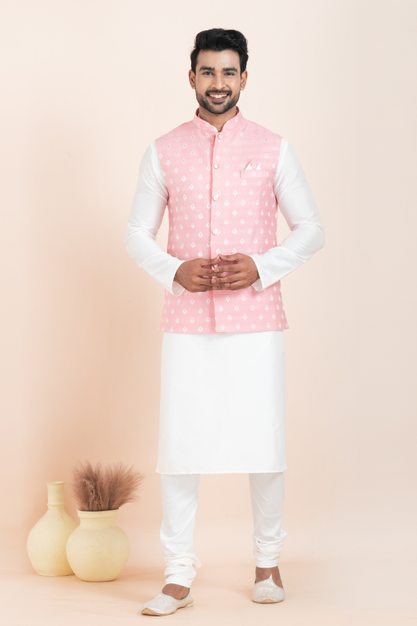 Angasudha Men’s White Kurta Pyjama with Light Pink Ikat-Print Nehru Jacket