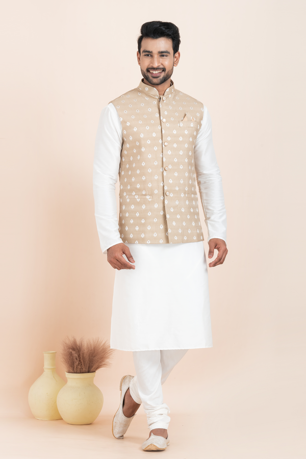 Angasudha Men’s White Kurta Pyjama with Beige Ikat-Patterned Nehru Jacket