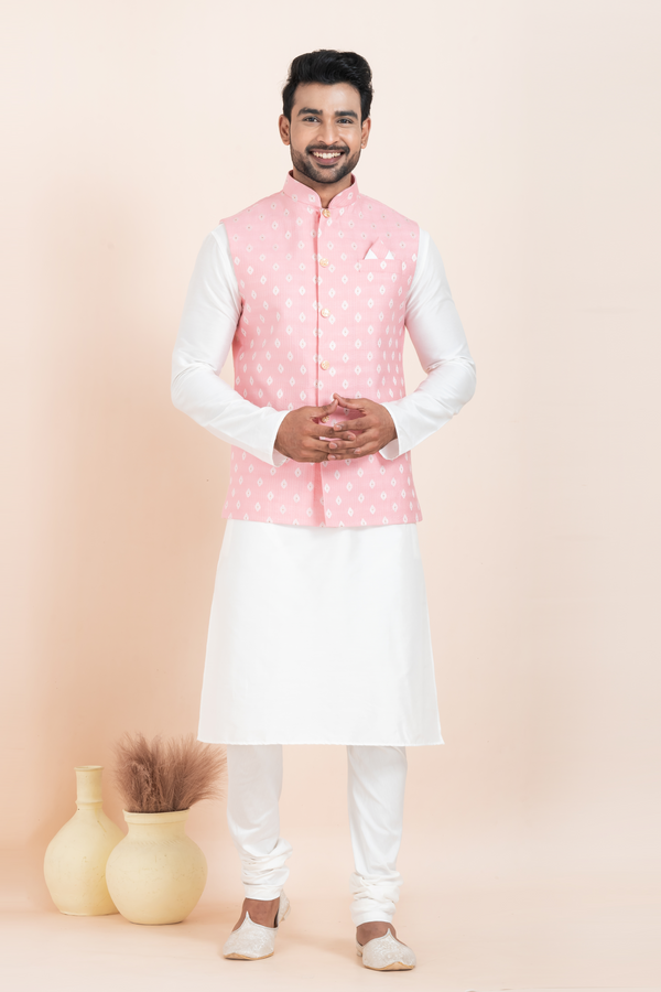 Angasudha Men's Graceful Pink Printed Kurta Pyjama and Nehru Jacket Set