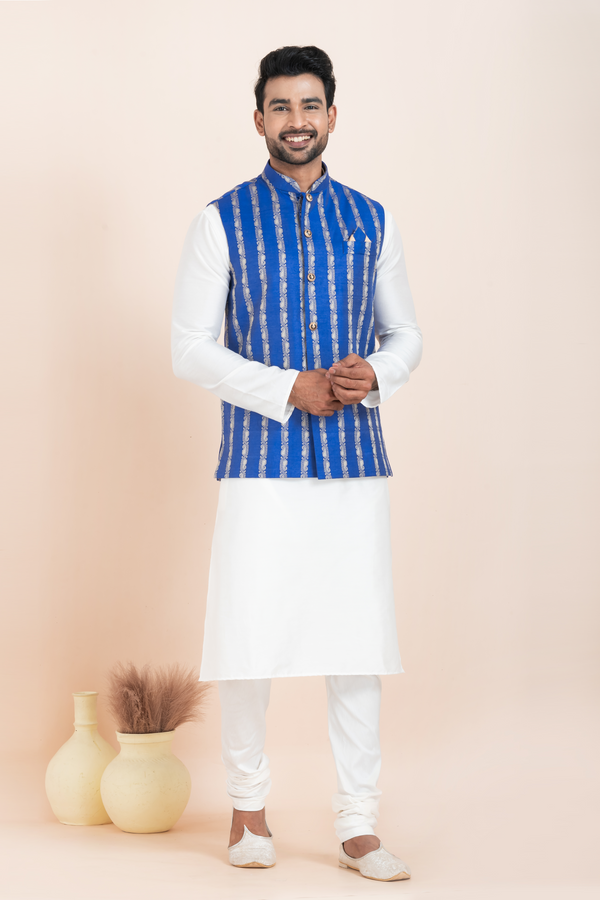 Angasudha Men's Royal Blue Printed Kurta Pyjama and Nehru Jacket Set