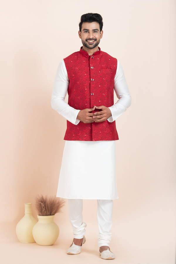 Angasudha Men's Regal Red Embroidered Kurta Pyjama and Nehru Jacket Set