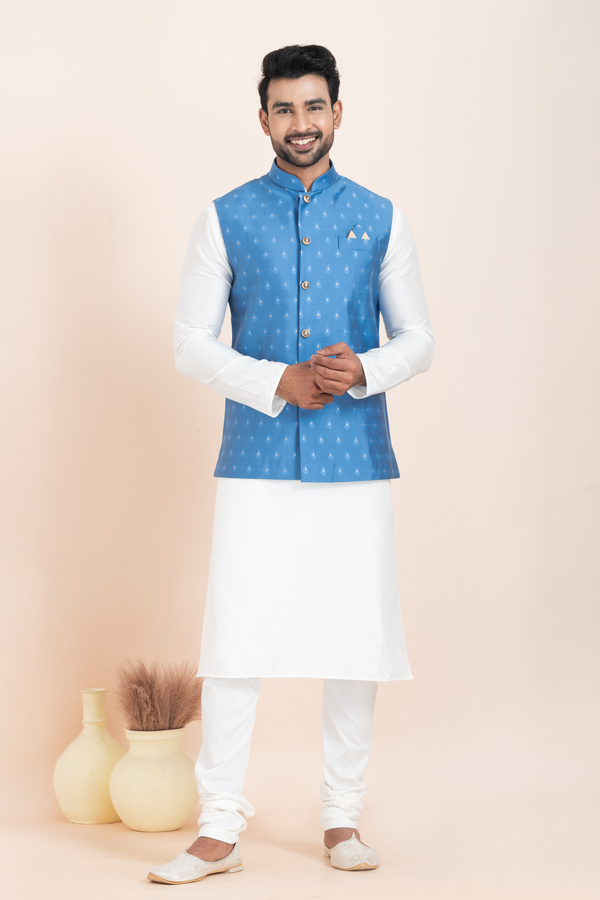 Angasudha Men's Sky Blue Printed Kurta Pyjama and Nehru Jacket Set – Style That Speaks Festive Grace