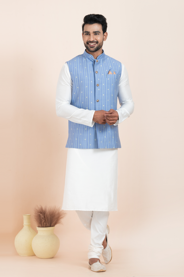 Angasudha Men's Powder Blue Striped Kurta Pyjama and Nehru Jacket Set – Subtle, Sophisticated, and Stunning