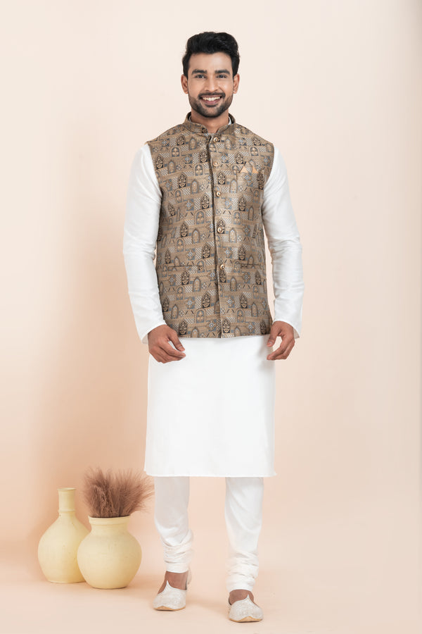 Angasudha Men's Antique Gold Printed Kurta Pyjama and Nehru Jacket Set – Crafted for the Spotlight