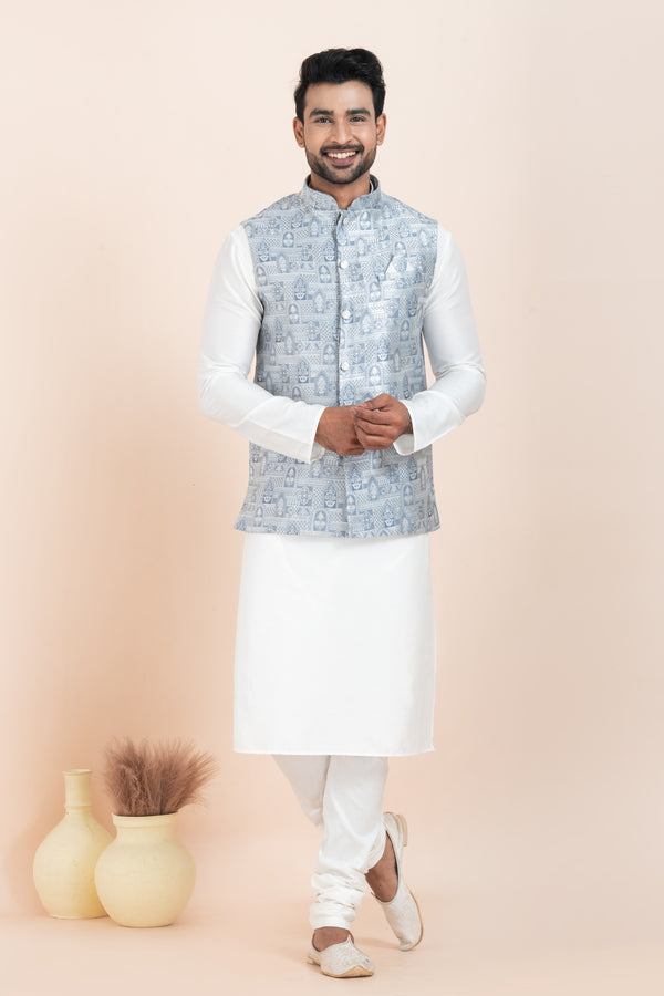 Angasudha Men's Silver Grey Printed Kurta Pyjama and Nehru Jacket Set – Subtle Sophistication, Timeless Style