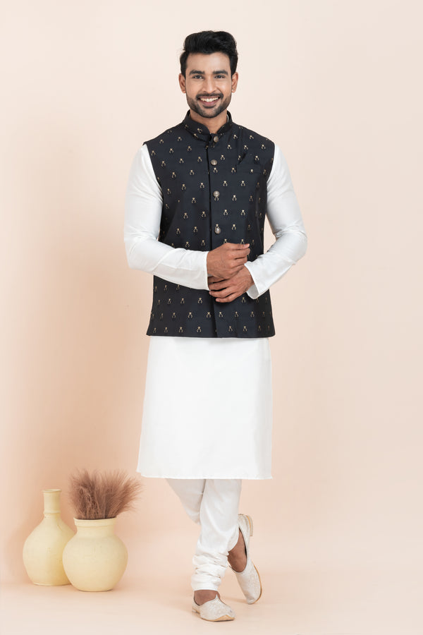 Angasudha Men’s Classic Black Embroidered Kurta Pyjama and Nehru Jacket Set – Bold, Refined & Effortlessly Royal