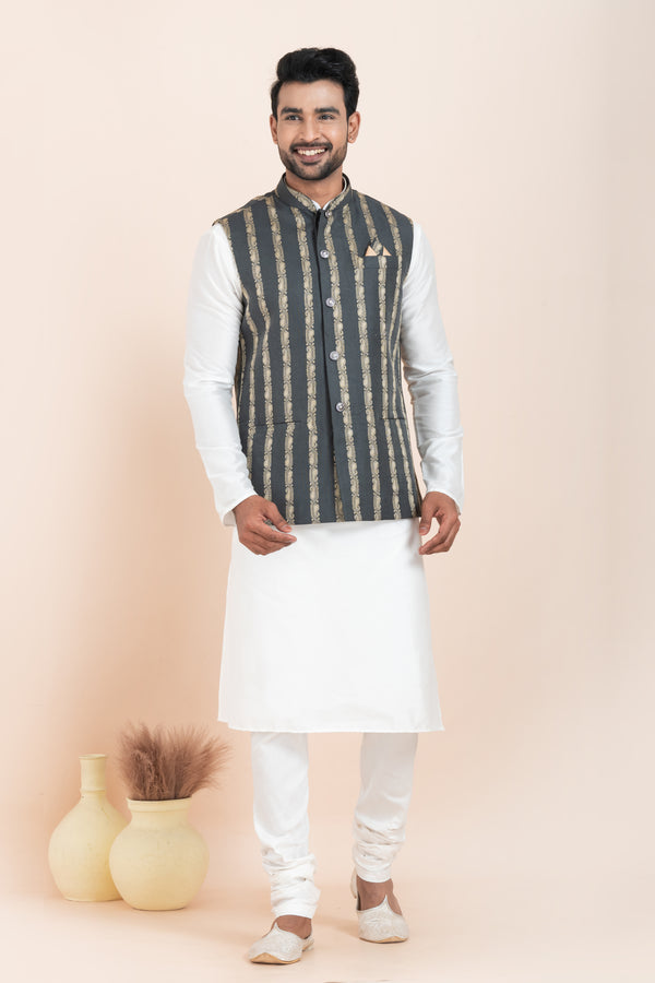 Angasudha Men’s Charcoal Black Striped Kurta Pyjama and Nehru Jacket Set – Bold, Sophisticated & Festive-Ready