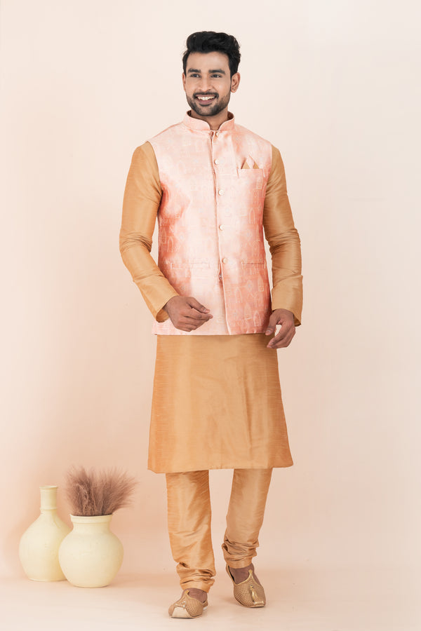 Angasudha Men’s Peach & Gold Kurta Pyjama and Nehru Jacket Set – A Royal Blend of Radiance and Refinement