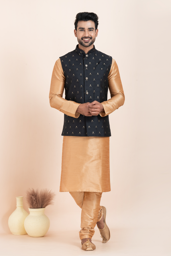 Angasudha Men’s Black Embroidered Nehru Jacket with Golden Kurta Pyjama Set – Luxe, Royal & Celebration-Ready