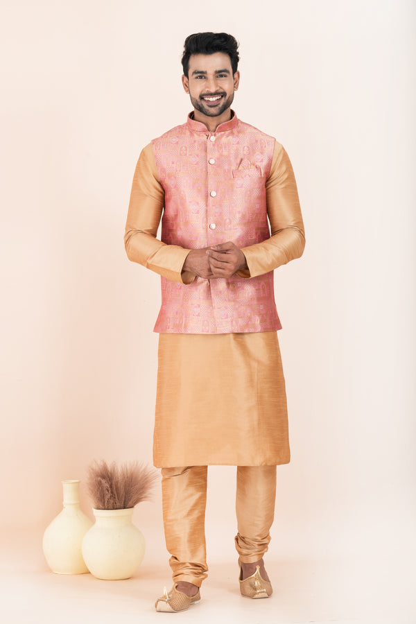 Angasudha Men’s Rose Pink Jacquard Nehru Jacket with Golden Kurta Pyjama Set – A Celebration of Color and Class
