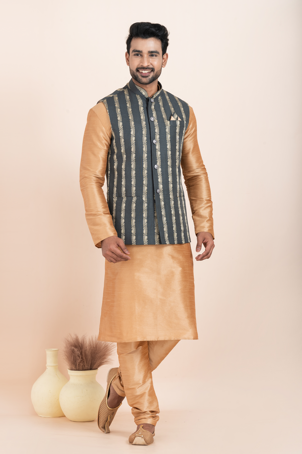 Angasudha Men’s Charcoal Striped Nehru Jacket with Golden Kurta Pyjama Set – Where Heritage Meets Haute Style