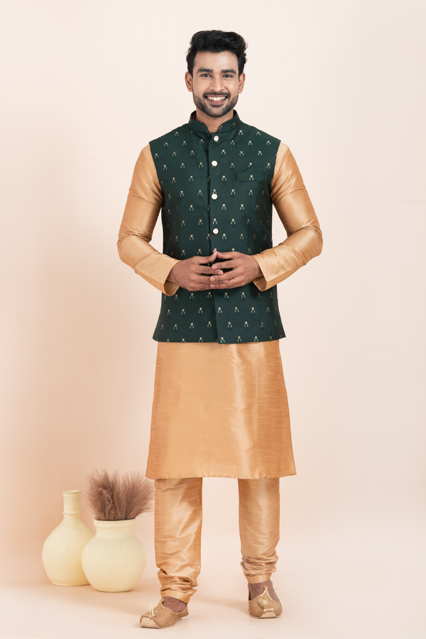Angasudha Men’s Bottle Green Embroidered Nehru Jacket with Golden Kurta Pyjama Set – Regal Charm with a Festive Edge
