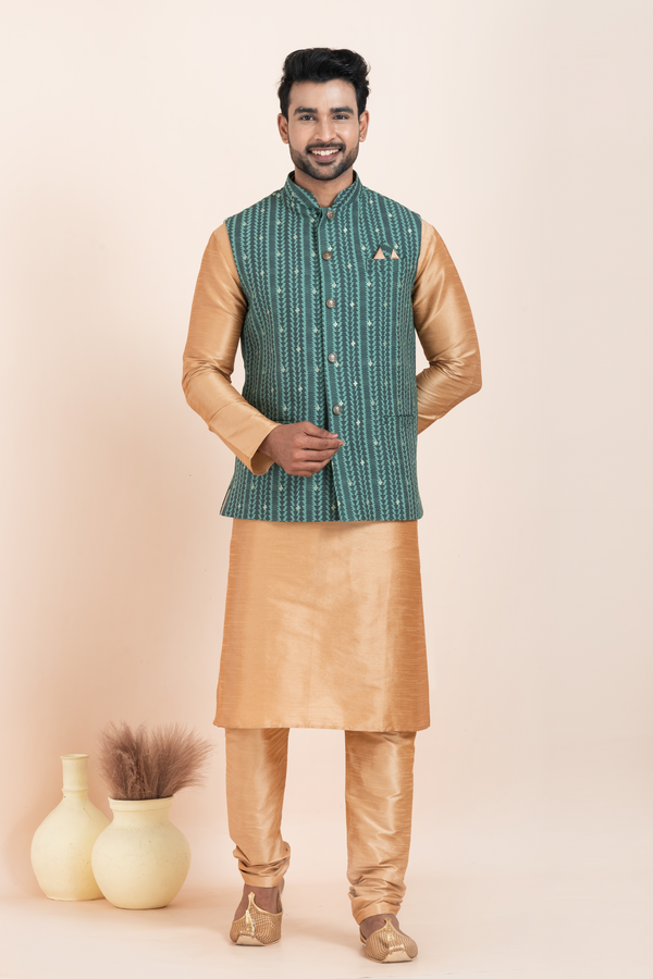 Angasudha Men’s Teal Green Striped Nehru Jacket with Golden Kurta Pyjama Set – Tradition Reimagined with Contemporary Charm