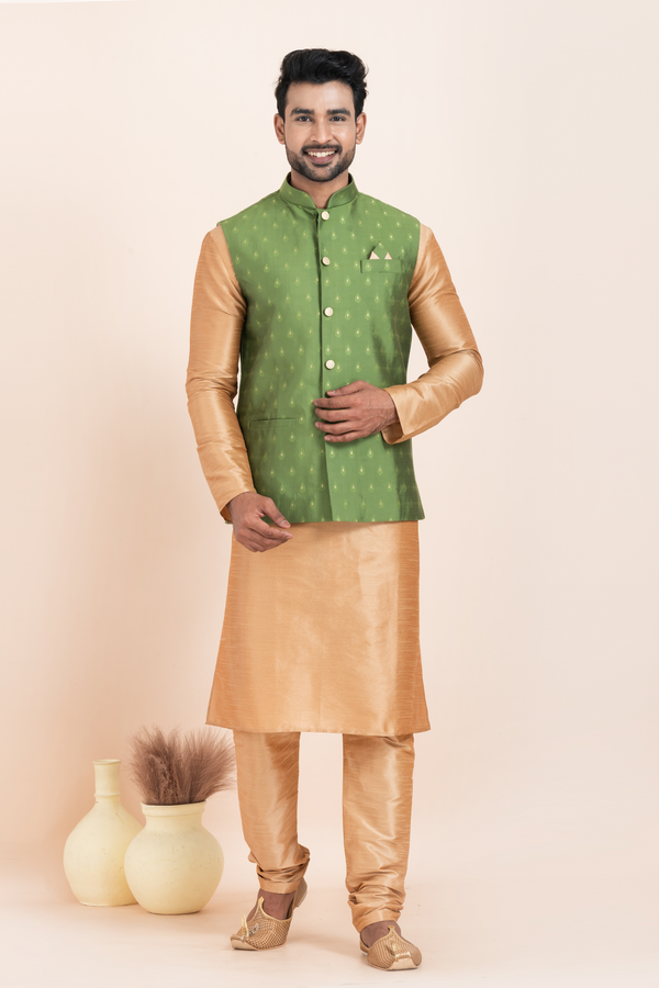 Angasudha Men’s Parrot Green Printed Nehru Jacket with Golden Kurta Pyjama Set – Fresh, Festive & Fashion-Forward