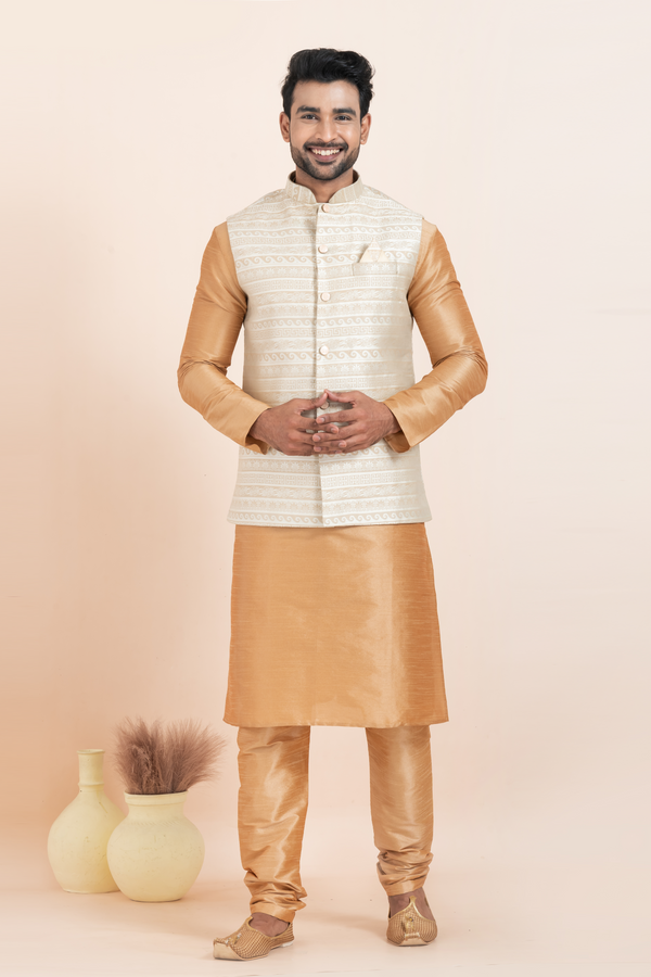Angasudha Men’s Ivory Textured Nehru Jacket with Golden Kurta Pyjama Set – Pure Elegance, Perfect for Every Celebration