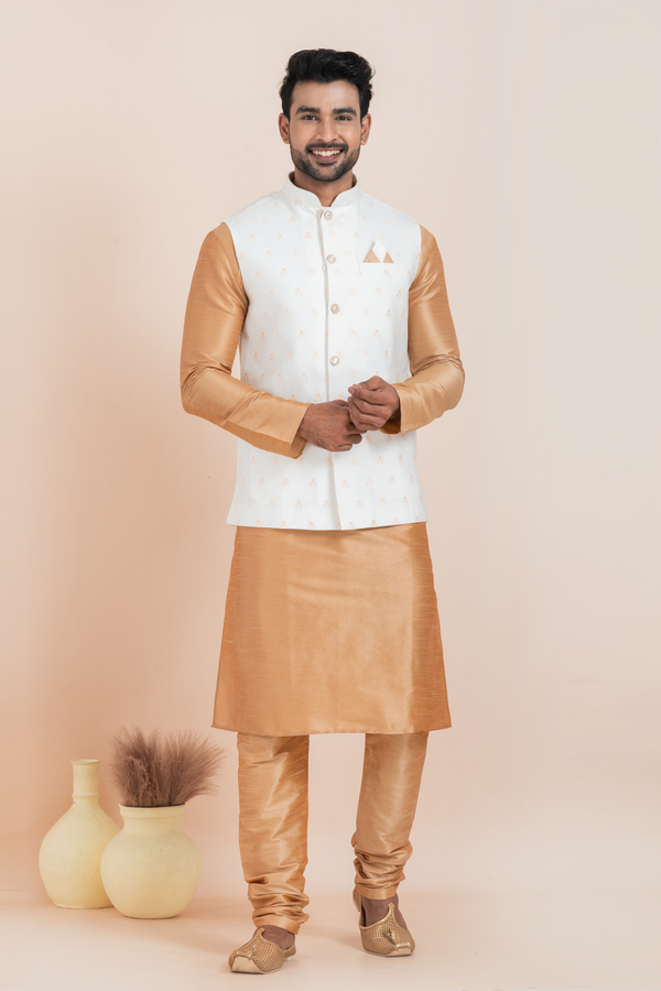 Angasudha Men’s Ivory Printed Nehru Jacket with Golden Kurta Pyjama Set – Timeless Grace for Grand Occasions