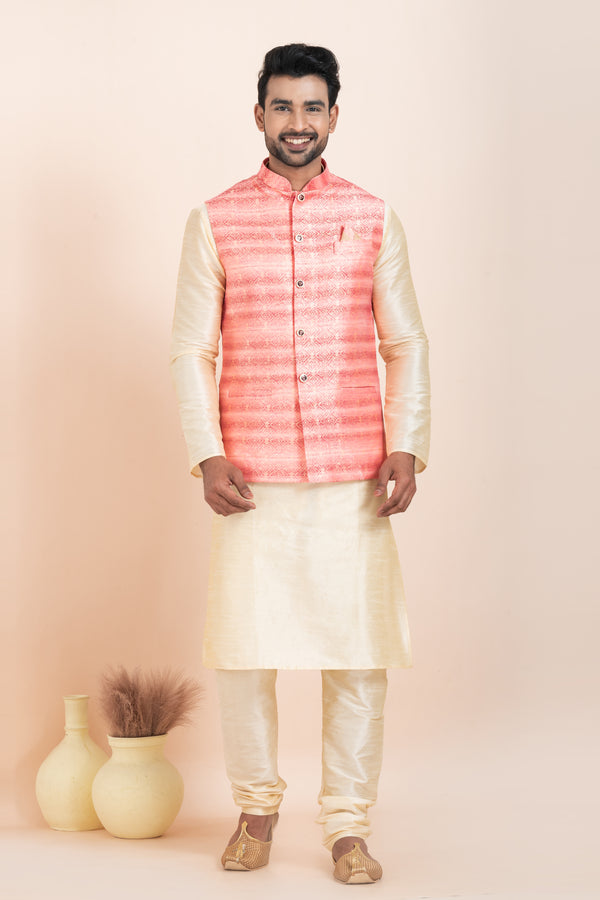 Angasudha Men’s Coral Pink Nehru Jacket with Cream Kurta Pyjama Set – Fresh, Festive & Full of Flair