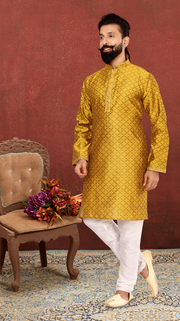 Angasudha Golden Radiance Jacquard Silk Kurta with Cotton Pyjama