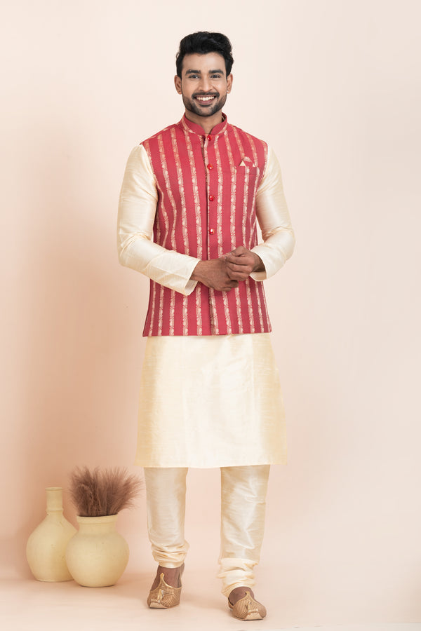Angasudha Men’s Red Brocade Nehru Jacket with Cream Kurta Pyjama Set – Royal Style with Festive Spark