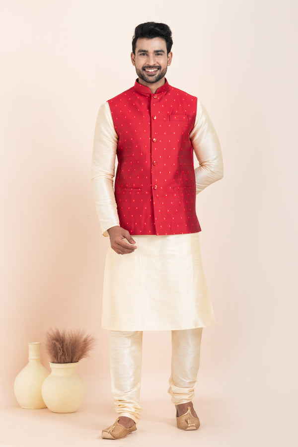 Angasudha Men’s Classic Red Printed Nehru Jacket with Cream Kurta Pyjama Set – Bold. Traditional. Timeless.