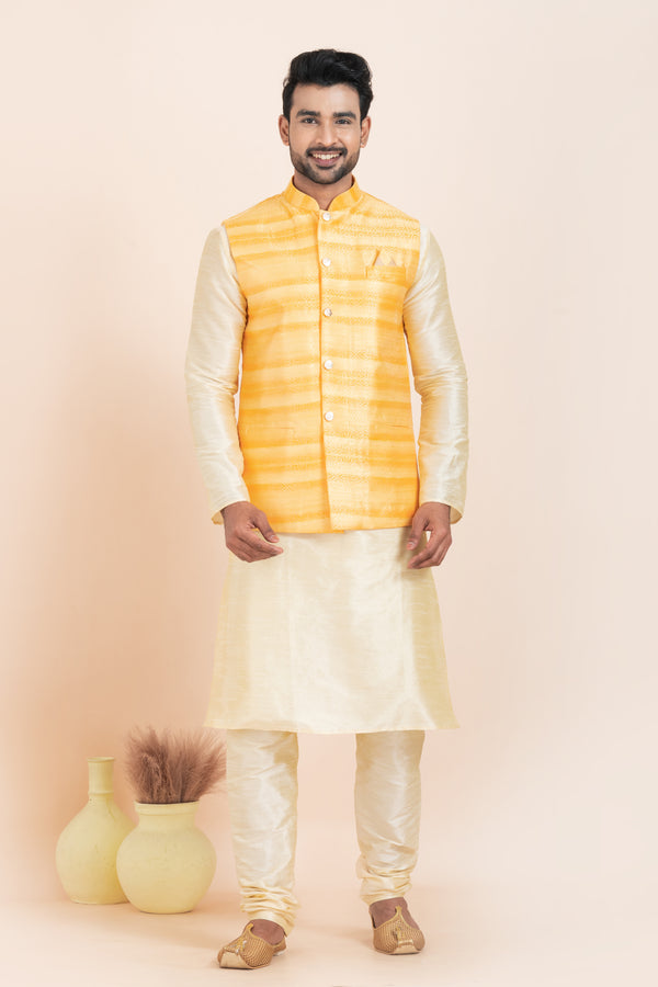 Angasudha Men’s Sunshine Yellow Nehru Jacket with Cream Kurta Pyjama Set – Bright, Elegant & Festive-Ready