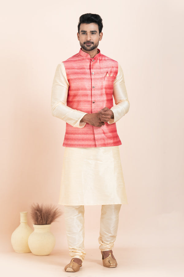 Angasudha Men’s Coral Ombre Jacquard Nehru Jacket with Cream Kurta Pyjama Set – Classic Elegance with a Modern Twist
