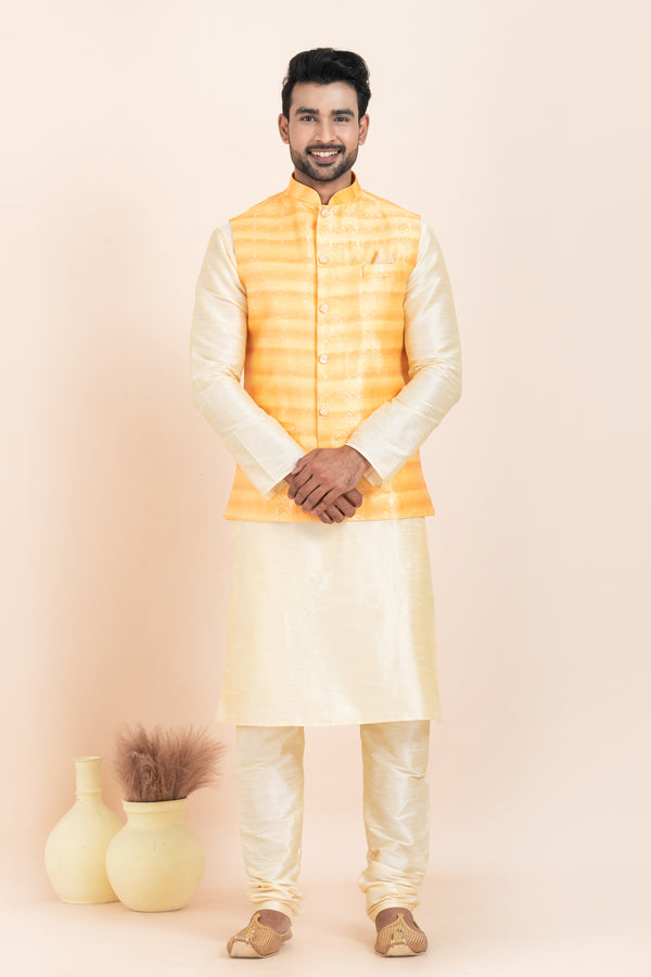 Angasudha Men’s Elegant Coral Red Nehru Jacket with Cream Kurta Pyjama Set – Vibrance Meets Tradition