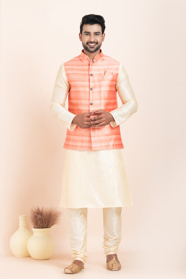 Angasudha Men’s Peach Ombre Jacquard Nehru Jacket with Cream Kurta Pyjama Set – Soft Sophistication for Special Occasions