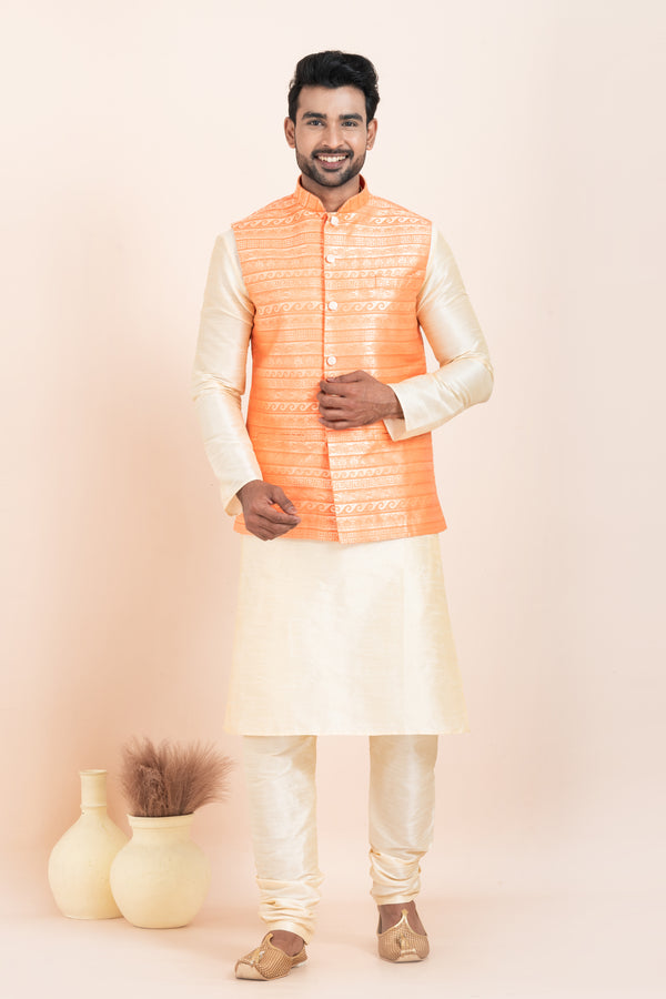 Angasudha Men’s Bright Orange Brocade Nehru Jacket with Cream Kurta Pyjama Set – Radiate Festive Charm