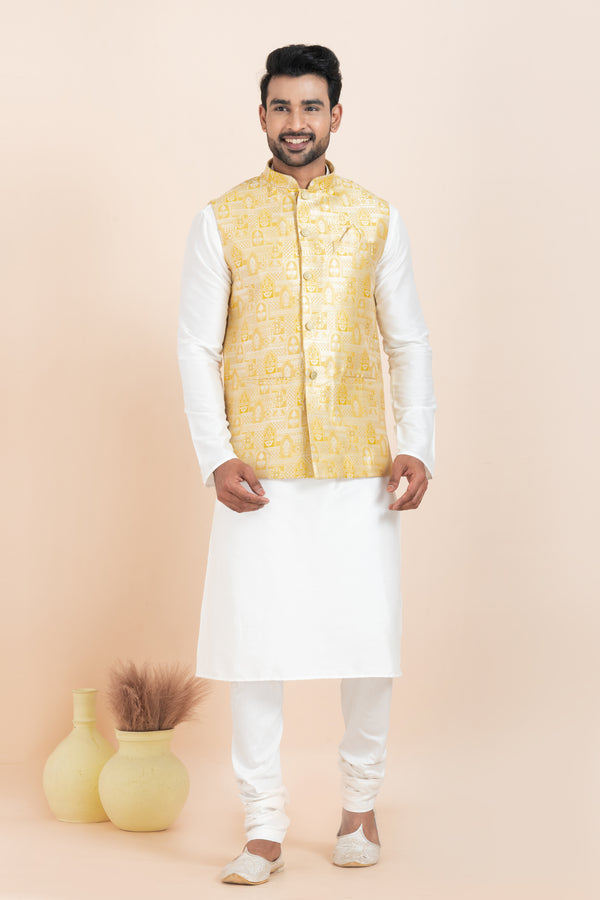 Angasudha Men’s Golden Brocade Nehru Jacket with White Kurta Pyjama Set – Royal Style for Every Celebration