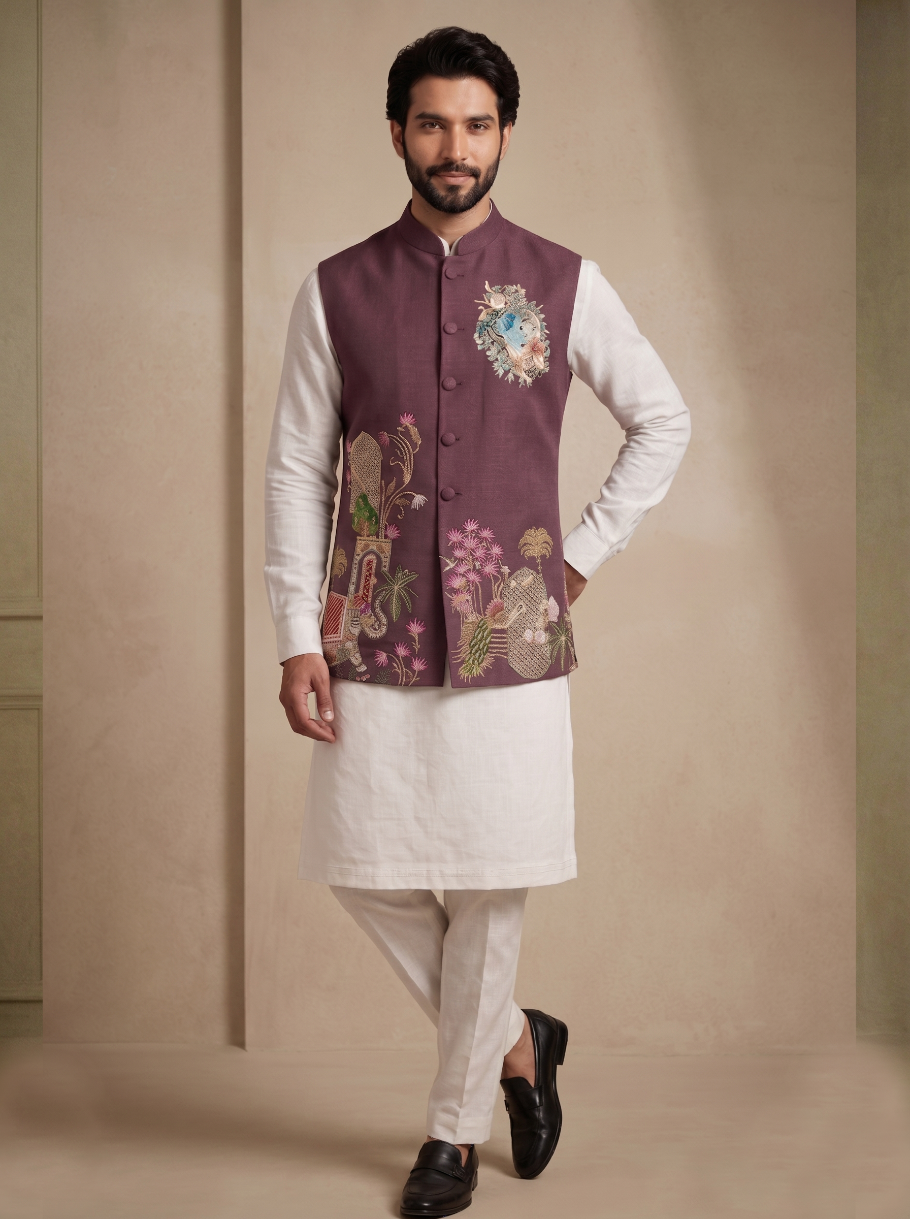 Angasudha White Kurta Pyjama with Wine Purple Designer Jacket ...