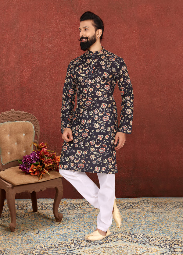 Angasudha Noir Bloom Cotton Kurta with Dupion Silk Pyjama