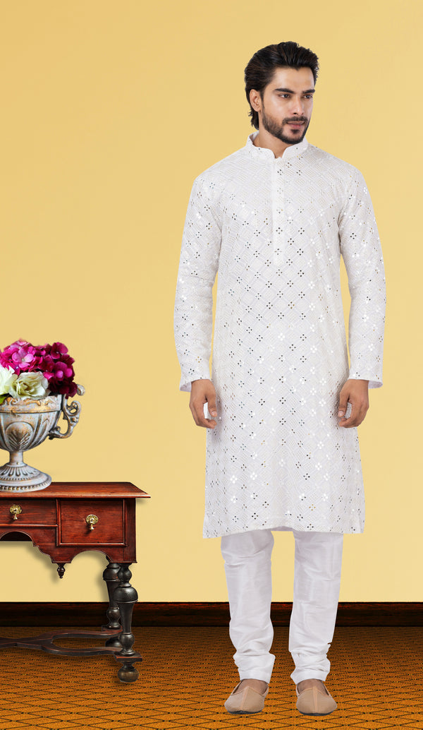 Angasudha Elegant White Mirror Work Kurta Set