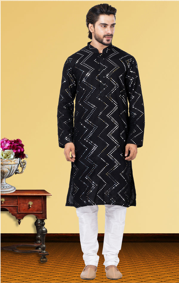 Angasudha Black Zigzag Mirror Embroidered Kurta Set