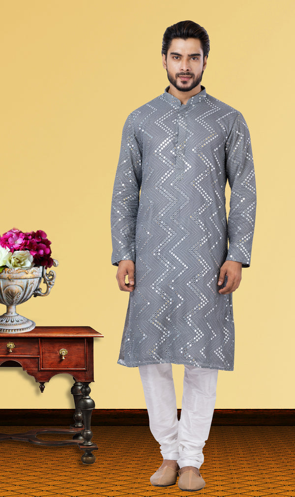 Angasudha Steel Grey Zigzag Mirror Kurta Set