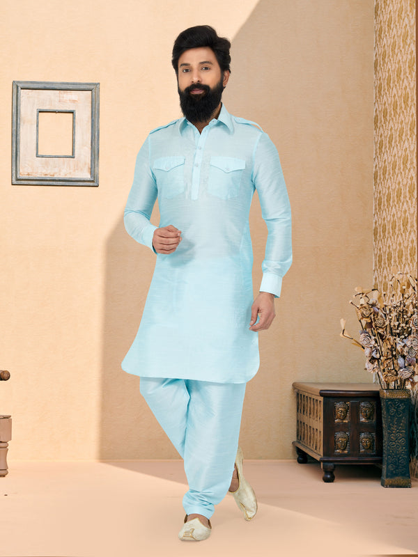 Angasudha Sky Blue Art Silk Pathani Kurta Pyjama Set