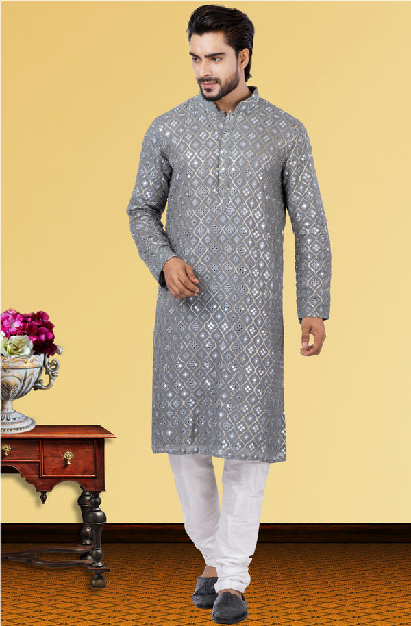 Angasudha Diamond Grey Mirror Embroidered Kurta Set