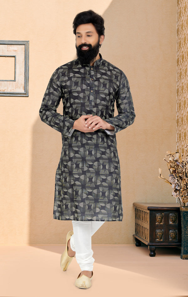 Angasudha Midnight Charm Black Cotton Digital Print Kurta with White Pyjama