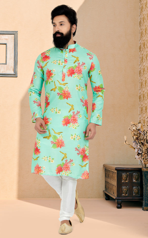 Angasudha Mint Blossom Floral Print Cotton Kurta with Dupion Silk Pyjama