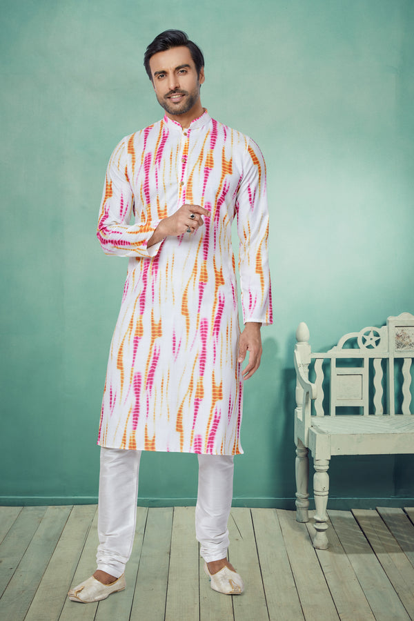 Angasudha Holi Hues White Cotton Ikat Print Kurta with Dupion Silk Pyjama