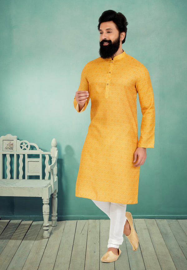 Angasudha Sunshine Yellow Printed Cotton Kurta with White Pyjama