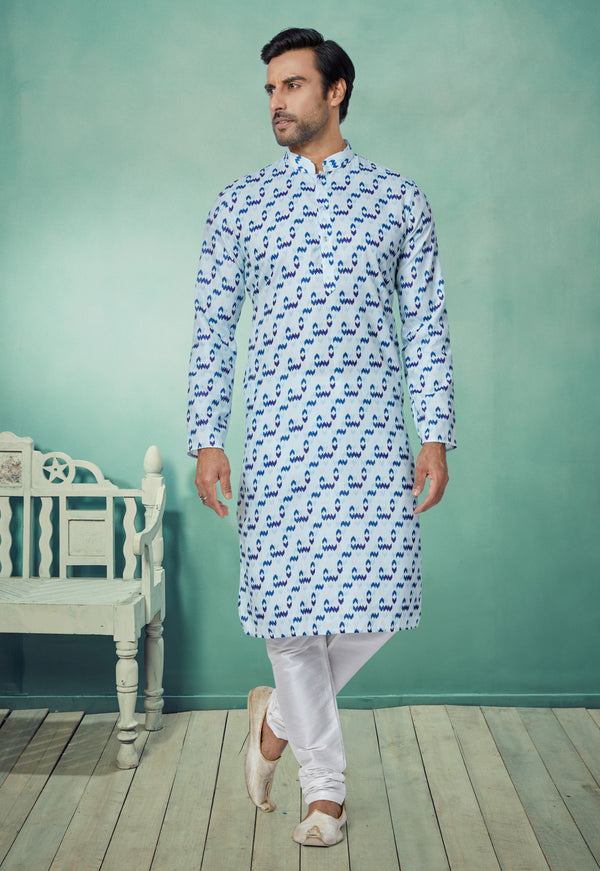 Angasudha Azure Ikat Printed Cotton Kurta with White Pyjama