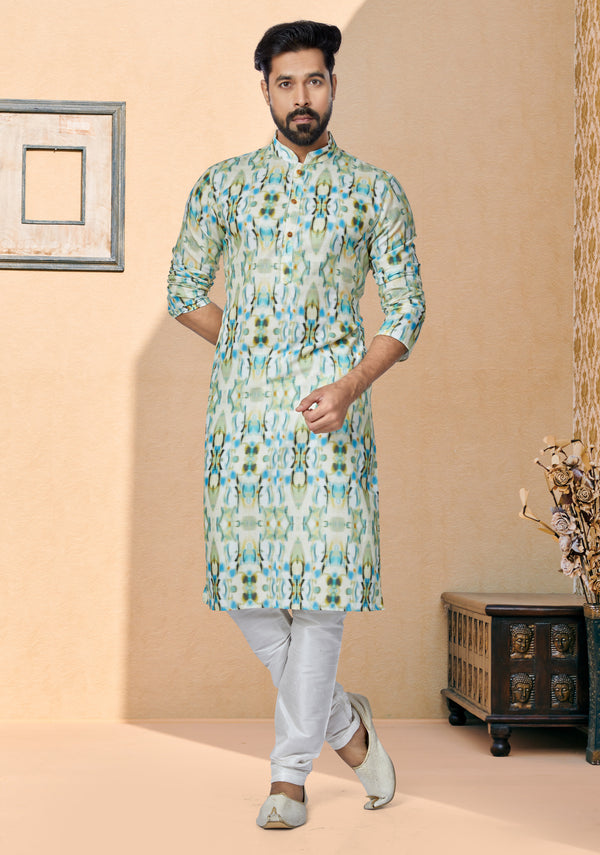 Angasudha Aqua Mirage Digital Print Cotton Kurta with White Pyjama