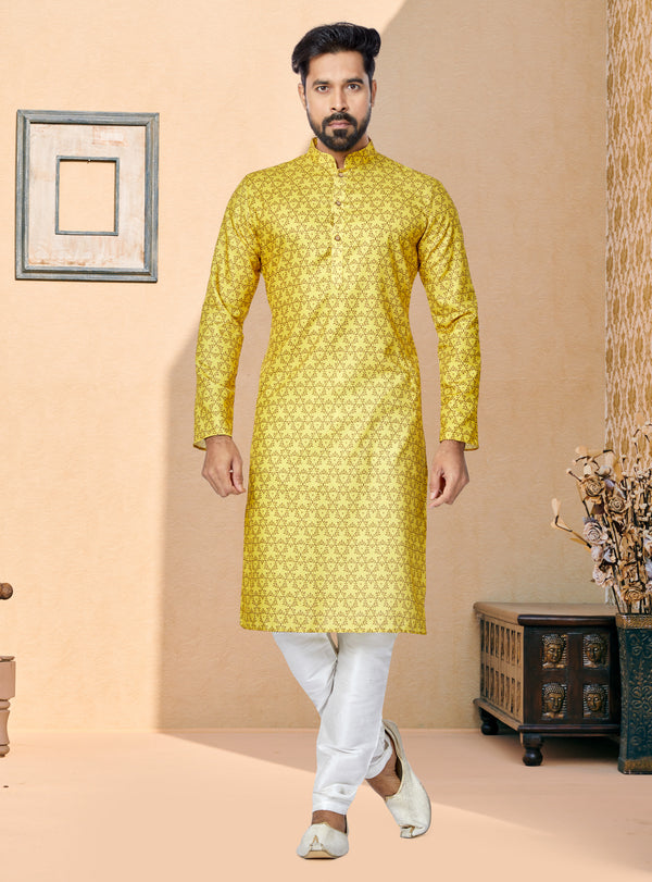 Angasudha Regal Mustard Printed Silk Kurta with Dupion Silk Pyjama